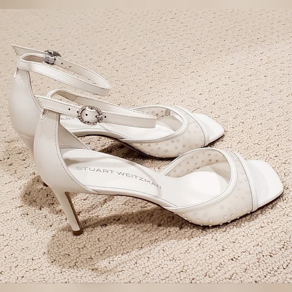 Stuart Weitzman Nudistia Crystal Studding Ankle Strap Stiletto Heels White 8 NWT - Picture 3 of 16